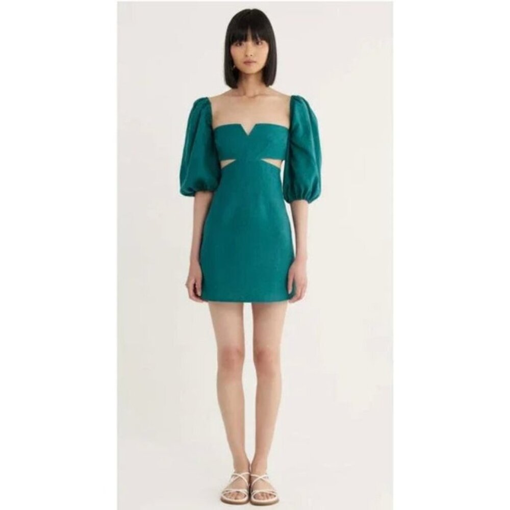 Rumor the Label Mini Dress Size Small Green Puff Sleeve Linen Blend Chic‎ Bold